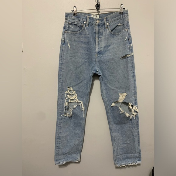 Agolde Blue Distressed Straight Leg Jeans - Picture 15 of 16